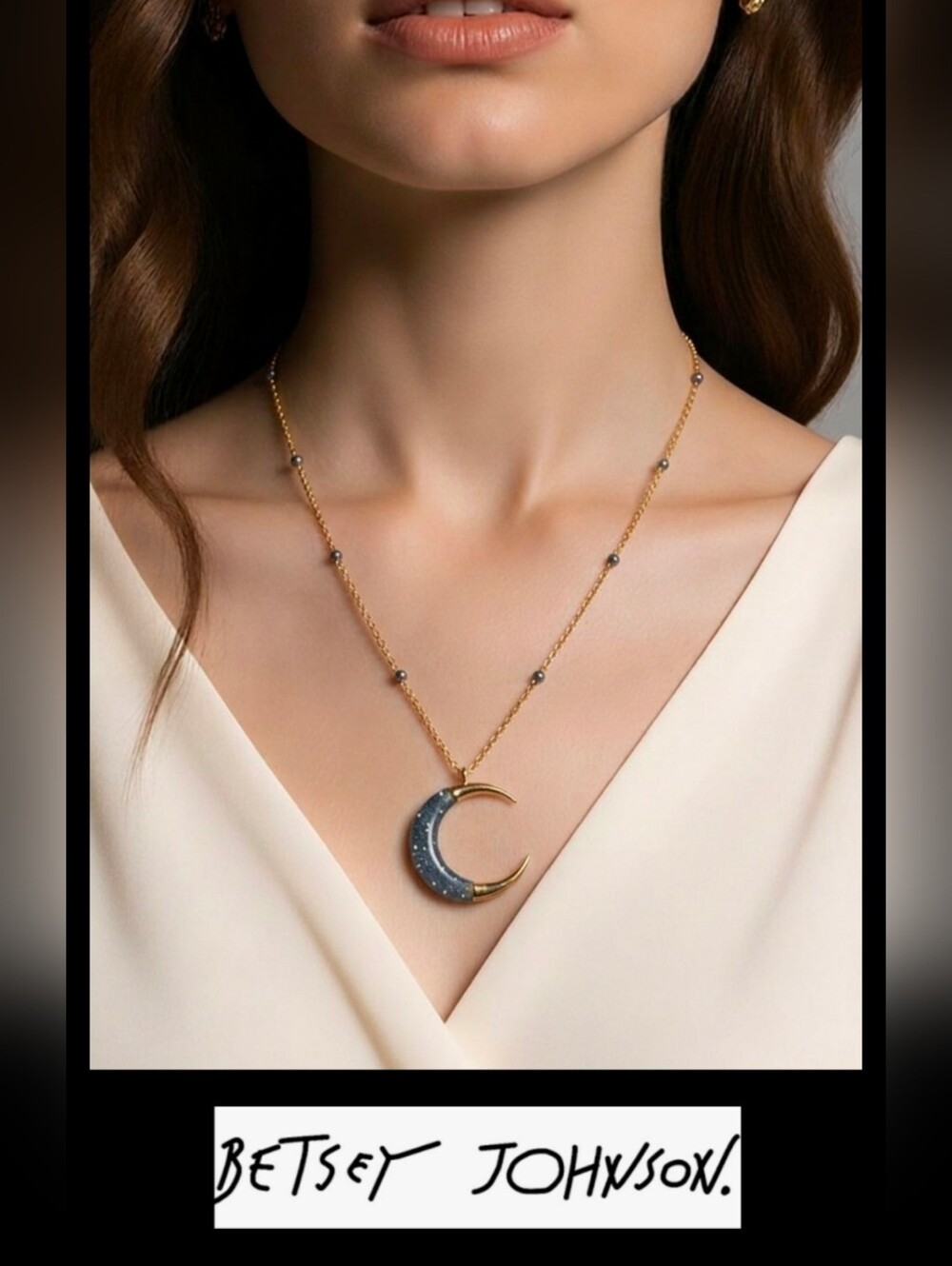 Vintage Betsey Johnson Gold Necklace with Blue Crescent Moon Crystal Pendant